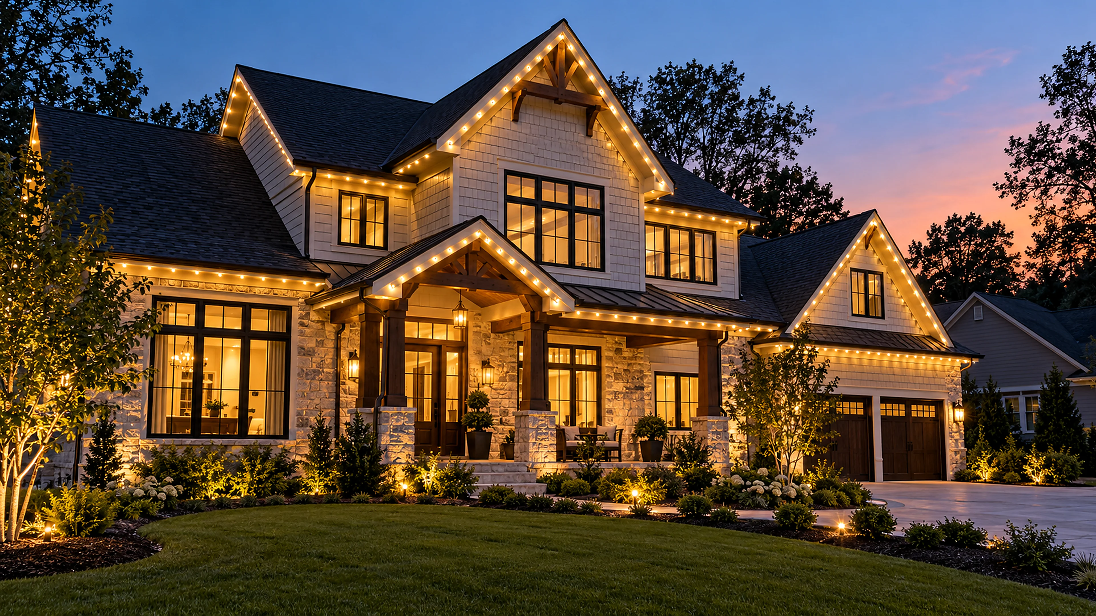 A luxury home with elegant warm white permanent LED roofline lighting at dusk near Atlanta, Georgia