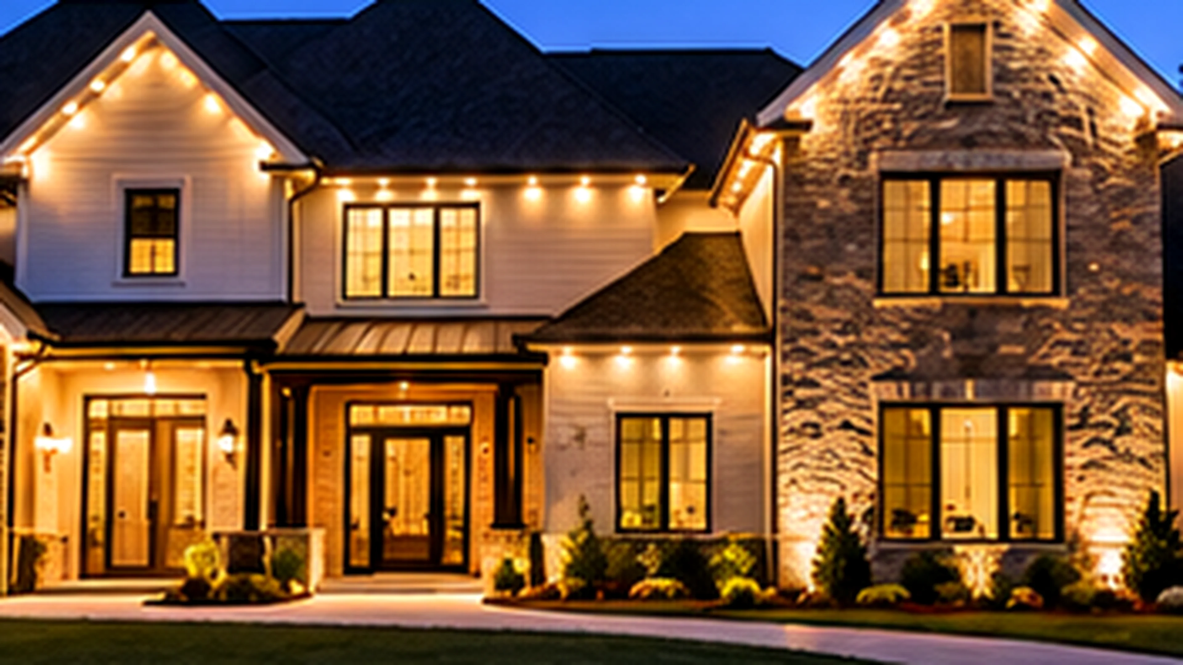 Stone and siding home illuminated with warm white permanent roofline LED lights