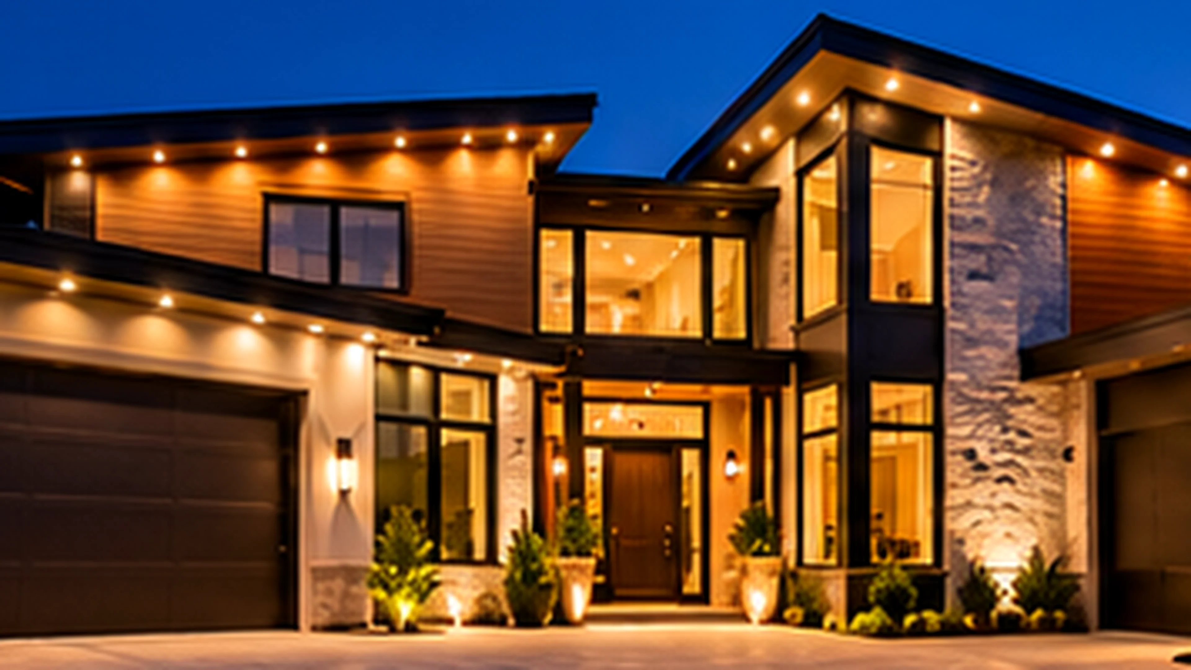 Modern two-story home accented by warm white permanent LED architectural lighting