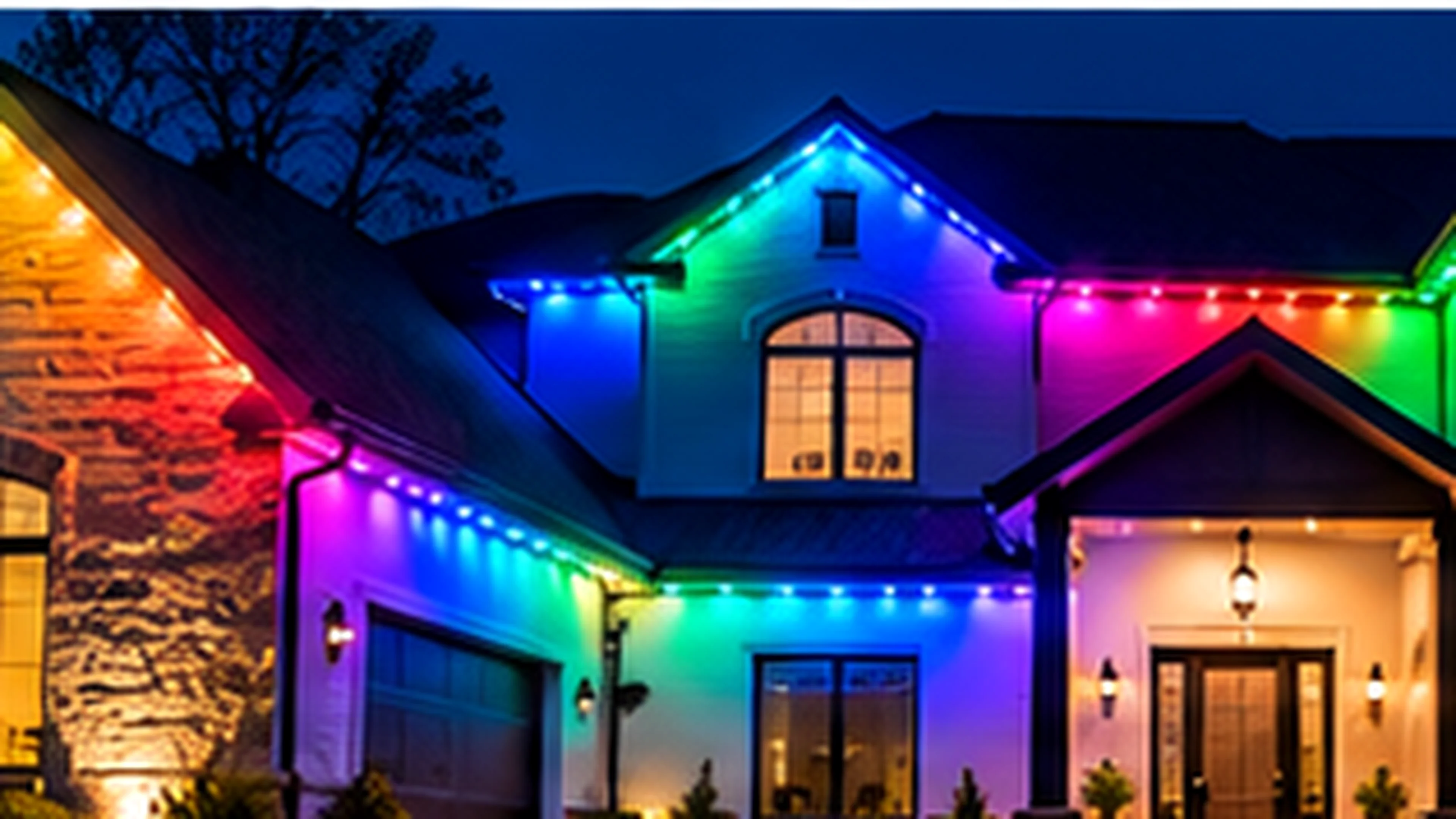 Colorful red green blue and purple permanent holiday lights outlining a residential roofline