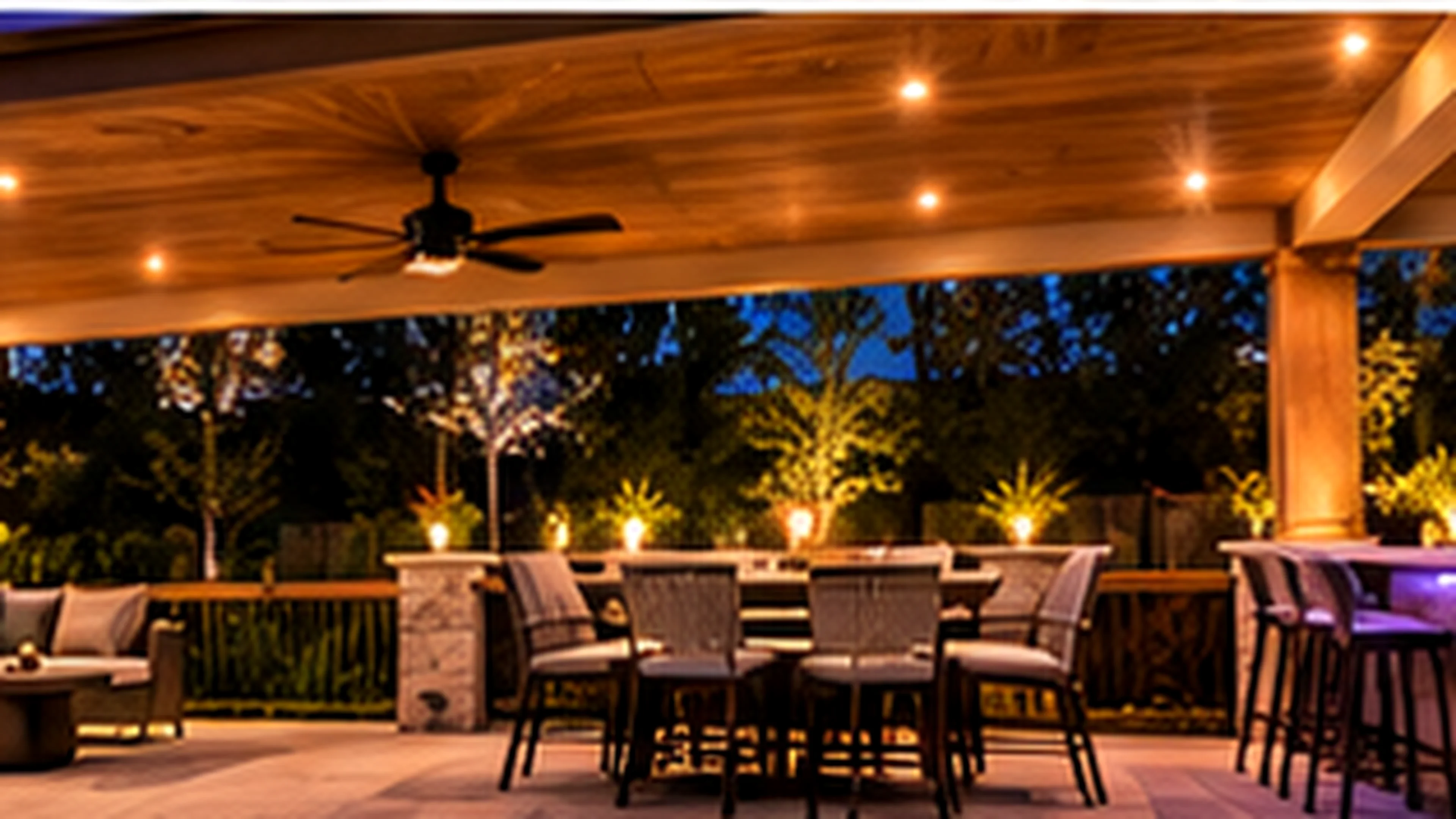 Covered outdoor patio and lounge illuminated with permanent warm white LED lighting