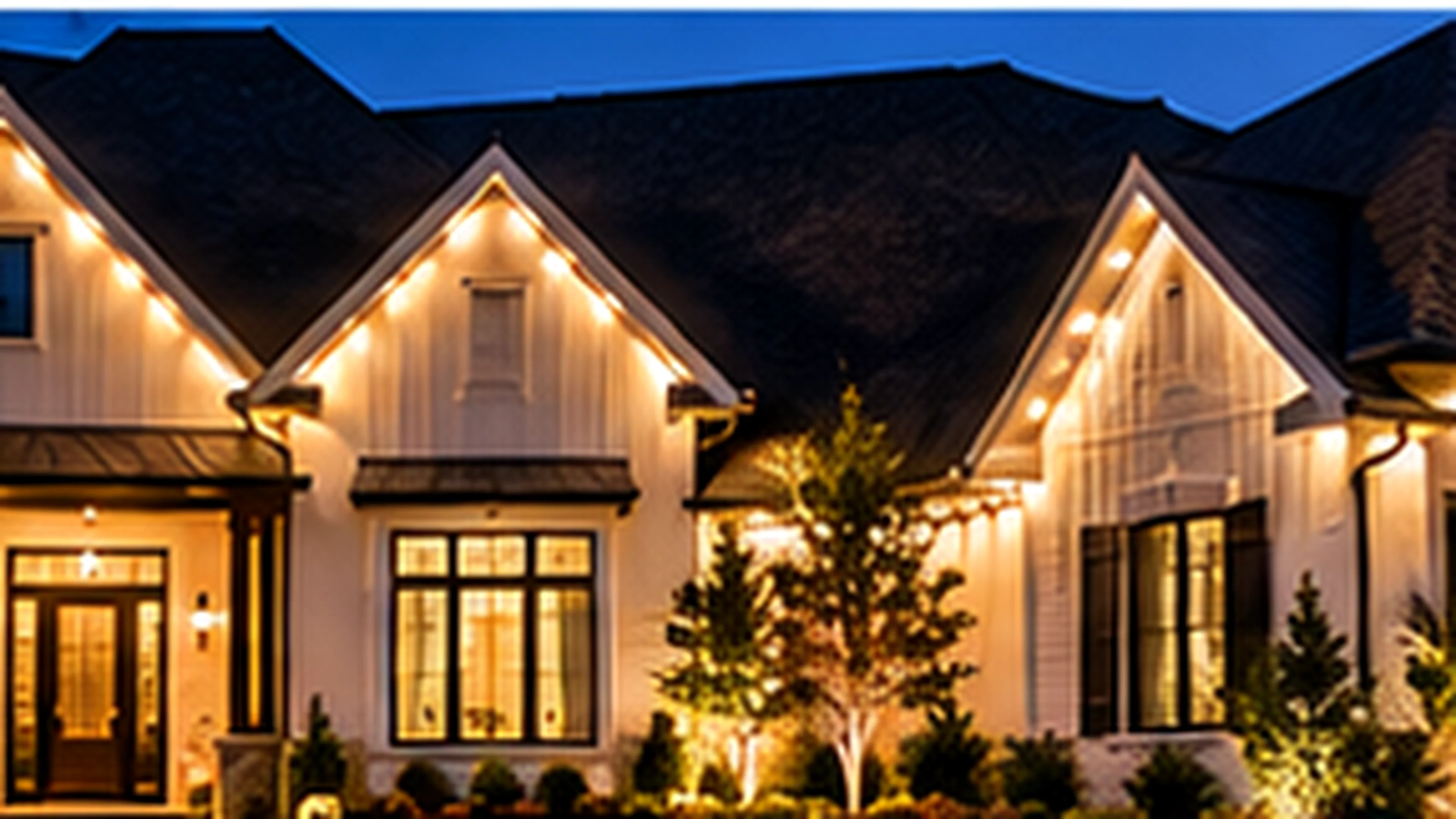Large residential facade with professionally styled warm architectural roofline lighting