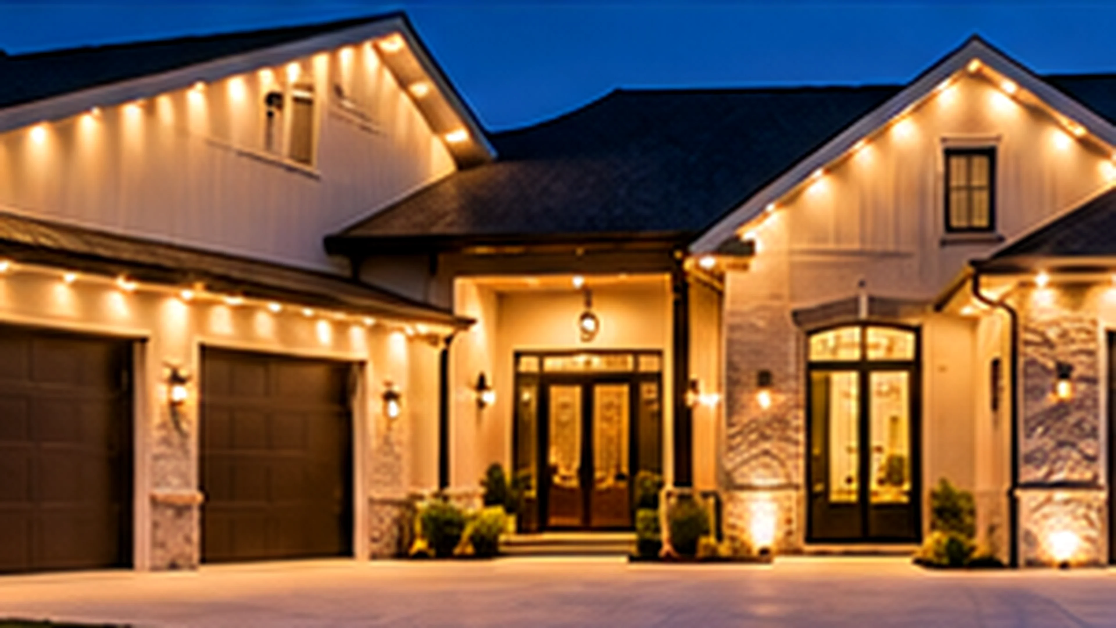Garage exterior and driveway with warm white permanent LED lighting along the roofline