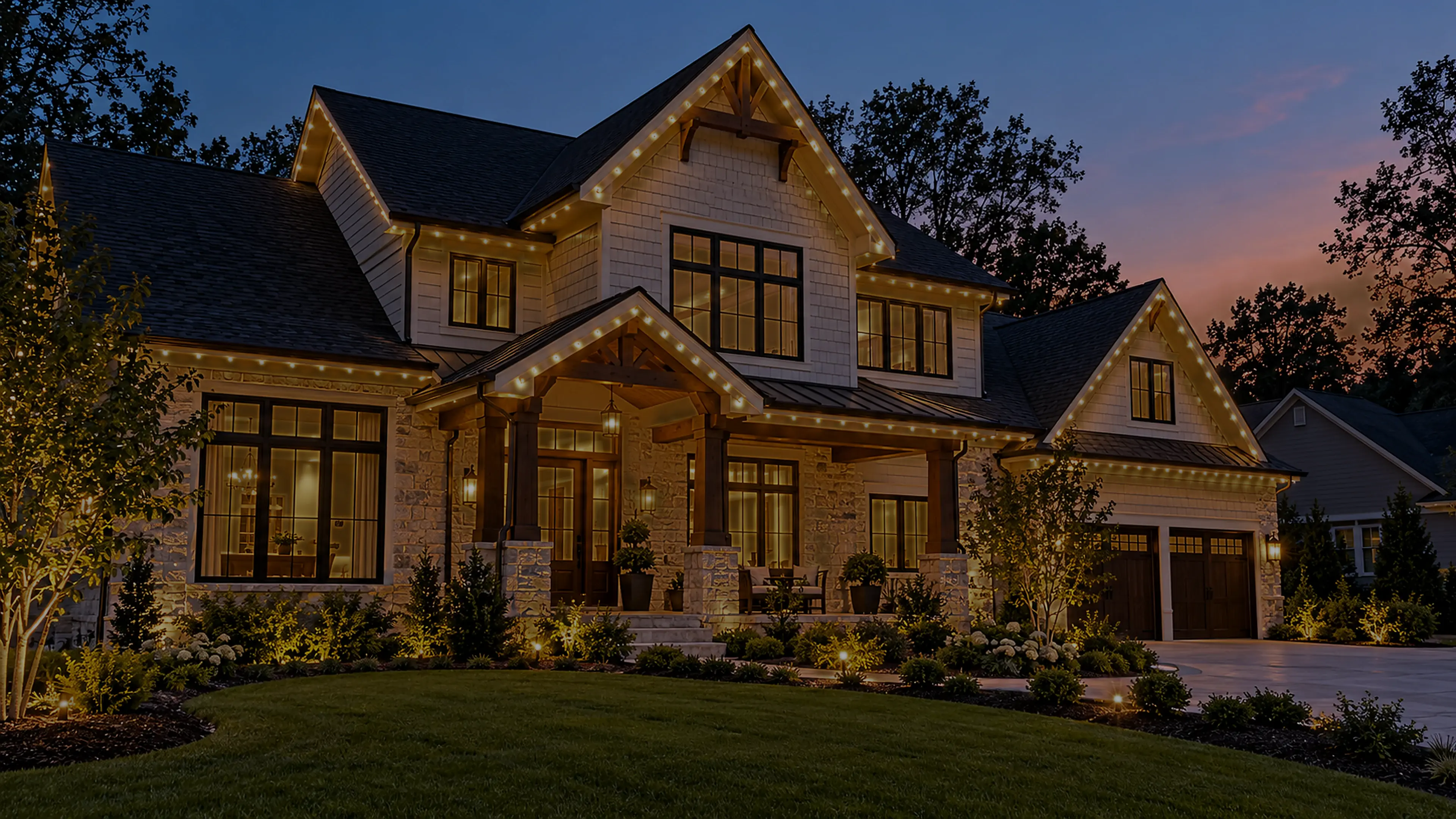 Simulated dimmed view of the same upscale home shown in the lighting comparison